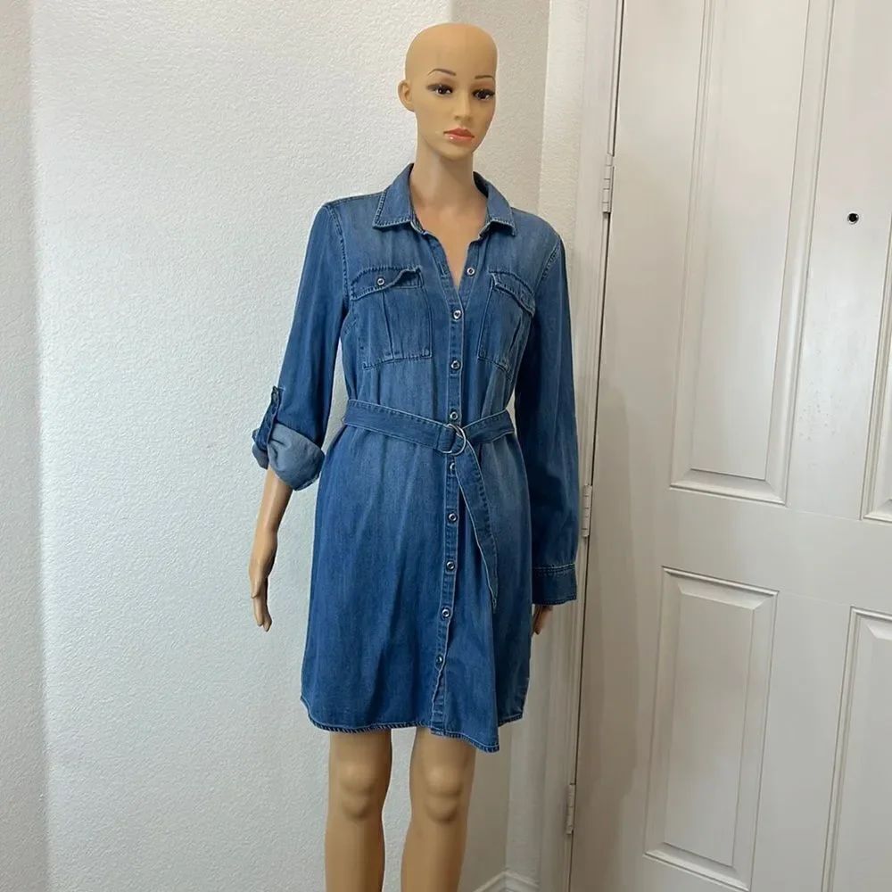 Jessica Simpson Dress Sz Medium Blue Denim Belted 3/4 Roll Up Or Long Sleeve